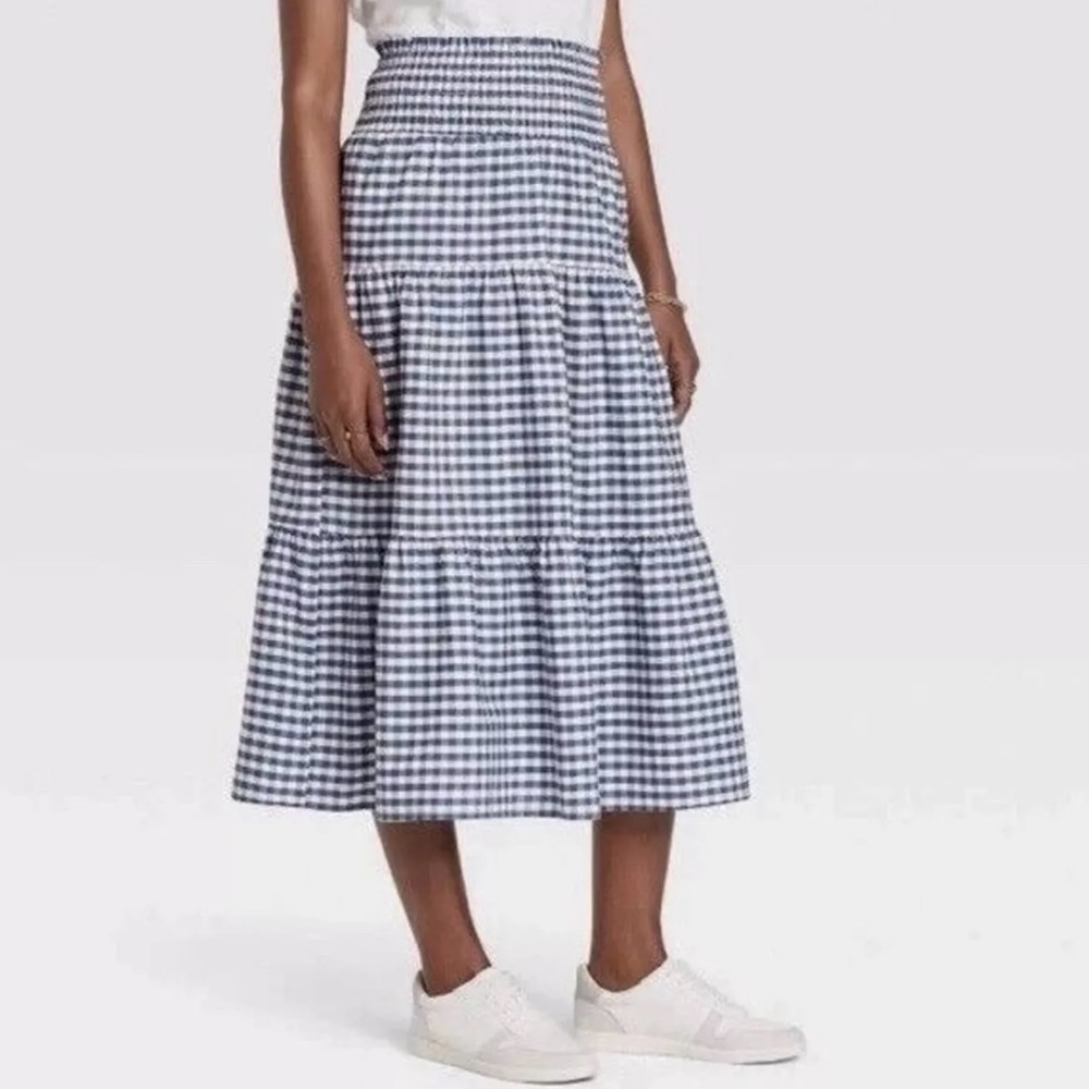 Universal Thread Blue White Check Gingham Tiered S Midi Long Skirt Picnic Plaid